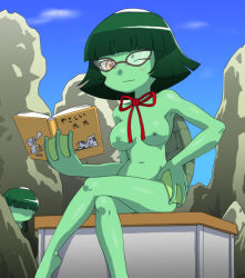 Rule 34 | 2girls, book, breasts, colored skin, day, desk, glasses, green hair, green skin, hand on own hip, hip focus, kappa, crossed legs, looking at viewer, monster girl, multiple girls, navel, neck ribbon, nipples, nollety, nude, one eye closed, open book, original, outdoors, peeking out, ribbon, rock, shell, short hair, sitting, teacher, turtle shell, webbed hands, wink, yellow eyes, zenra