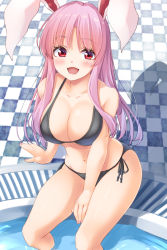 Rule 34 | 1girl, :d, arm support, bare shoulders, bikini, blush, breasts, cleavage, day, from above, highres, hisae (hisae collect), large breasts, looking at viewer, open mouth, reisen udongein inaba, shadow, smile, soaking feet, solo, swimsuit, tile floor, tiles, touhou, water