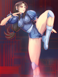 Rule 34 | 1girl, alternate hairstyle, boots, bracelet, breasts, brown hair, capcom, china dress, chinese clothes, chun-li, cross-laced footwear, dress, earrings, fighting stance, forehead jewel, hair down, jewelry, knee pads, lace-up boots, legs, long hair, medium breasts, no legwear, red eyes, ryourou (edexigerero), sash, solo, spiked bracelet, spikes, standing, standing on one leg, street fighter, street fighter ii v, thick thighs, thighs