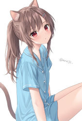 Rule 34 | 1girl, animal ear fluff, animal ears, anz32, blue shirt, brown hair, cat ears, cat girl, cat tail, from side, hair ornament, hairclip, long hair, looking at viewer, nina (anz32), no pants, original, ponytail, red eyes, shirt, short sleeves, simple background, sitting, solo, tail, thighs, white background