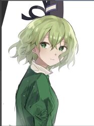 Rule 34 | 1girl, black hat, closed mouth, from side, green eyes, green hair, hat, juliet sleeves, kalmeyaki, long sleeves, looking at viewer, puffy sleeves, short hair, simple background, smile, soga no tojiko, solo, tate eboshi, touhou, upper body, white background