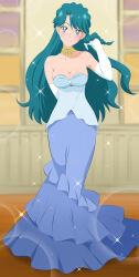 Rule 34 | 1girl, blue eyes, blue hair, blue shirt, blue skirt, breasts, cleavage, elbow gloves, fuchi (nightmare), full body, gloves, go! princess precure, highres, indoors, jewelry, kaidou minami, large breasts, long hair, looking at viewer, precure, shirt, skirt, smile, solo, standing, strapless, strapless shirt, white gloves