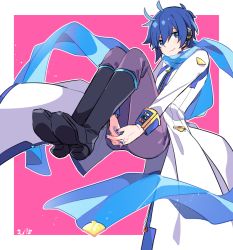 Rule 34 | 1boy, blue eyes, blue hair, boots, coat, floating, hugging own legs, kaito (vocaloid), kaito (vocaloid3), long sleeves, nail polish, pink background, scarf, short hair, smile, solo, vocaloid, yoshiki