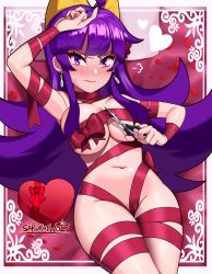Rule 34 | 1girl, absurdres, black nails, blush, bow, breasts, earrings, hair bow, highres, holding, holding scissors, jewelry, large breasts, long hair, lying, nail polish, naked ribbon, navel, nose blush, on back, original, purple eyes, purple hair, red ribbon, ribbon, sarukaiwolf, scissors, sidelocks, solo, valentine, violentine (sarukaiwolf), yellow bow