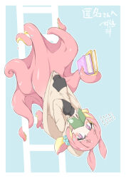 Rule 34 | 1girl, artist logo, artist name, blonde hair, blue background, blush, book, colored skin, commentary, covering face, covering privates, flat chest, holding, holding book, holding ladder, hood, hoodie, ladder, looking at viewer, monster girl, murabatodenki, octopus print, original, pink eyes, pink hair, pink skin, scrunchie, scylla, simple background, solo, symbol-only commentary, tentacle hair, tentacles, upside-down, webbing, yellow skin