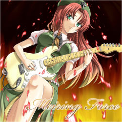 Rule 34 | 1girl, bad id, bad pixiv id, braid, breasts, china dress, chinese clothes, dress, electric guitar, female focus, fender stratocaster, gradient background, green eyes, guitar, hong meiling, instrument, mochi.f, red hair, solo, touhou, twin braids