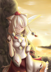 Rule 34 | 1girl, absurdres, animal ears, bare shoulders, breasts, detached sleeves, dior-zi, closed eyes, hat, highres, inubashiri momiji, long sleeves, mountain, over shoulder, pom pom (clothes), short hair, silver hair, solo, sword, sword over shoulder, tail, tokin hat, touhou, weapon, weapon over shoulder, wolf ears, wolf tail