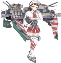 Rule 34 | 10s, 1girl, breasts, brown hair, capelet, detached sleeves, eyewear strap, full body, glasses, hat, jiji (aardvark), kantai collection, looking at viewer, machinery, necktie, official art, pince-nez, red skirt, roma (kancolle), skirt, solo, striped clothes, striped thighhighs, thighhighs, transparent background, white thighhighs