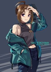 Rule 34 | 1girl, ahoge, black shirt, blue pants, blue scrunchie, breasts, brown hair, character name, commentary, cowboy shot, denim, drill hair, english text, closed eyes, green jacket, hair ornament, hair scrunchie, halterneck, halterneck, hand in own hair, idolmaster, idolmaster million live!, jacket, jeans, jewelry, kamille (vcx68), long sleeves, looking at viewer, medium breasts, midriff, navel, necklace, off shoulder, open clothes, open jacket, pants, purple eyes, scrunchie, shirt, side drill, sidelocks, smile, solo, standing, star (symbol), star necklace, yokoyama nao