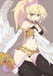 Rule 34 | 1girl, bad id, bad pixiv id, bare shoulders, belt, bikini, bikini in mouth, black bikini, black thighhighs, blonde hair, breast lift, breasts, claws, clothes in mouth, duel monster, female focus, green eyes, grey background, harpie dancer, harpy, kneeling, long hair, looking at viewer, monster girl, mouth hold, navel, osuman toruko, ponytail, simple background, smile, solo, swimsuit, talons, thighhighs, thighs, white wings, winged arms, wings, yu-gi-oh!