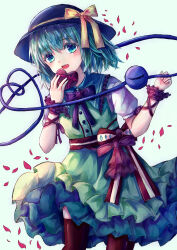 Rule 34 | 1girl, absurdres, black hat, black thighhighs, blouse, bow, collar, eyeball, frilled shirt collar, frilled sleeves, frills, green eyes, green hair, green skirt, green vest, hat, hat bow, hat ribbon, heart, heart of string, highres, holding, komeiji koishi, open mouth, petals, ribbon, shirt, skirt, solo, suzushina, teeth, thighhighs, third eye, touhou, upper teeth only, vest, white background, yellow bow, yellow ribbon, yellow shirt