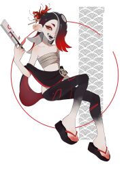 Rule 34 | 1girl, black hair, capelet, chest sarashi, collarbone, eyeshadow, fangs, flip-flops, hair over one eye, halloween, halloween costume, highres, looking at viewer, makeup, nintendo, octoling, octoling girl, octoling player character, open mouth, pointy ears, red eyes, sandals, sarashi, shiver (splatoon), sitting, smile, solo, splatoon (series), splatoon 3, tentacle hair, white background