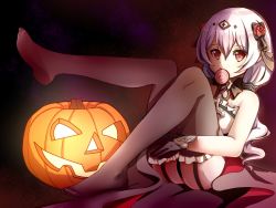 Rule 34 | 1girl, bare shoulders, black dress, black thighhighs, candy, dress, flower, food, food in mouth, full body, hair flower, hair ornament, halloween, highres, honkai (series), honkai impact 3rd, hugging own legs, lollipop, long hair, nizi w, no shoes, pumpkin, red eyes, red flower, red rose, rose, soles, solo, strapless, strapless dress, theresa apocalypse, theresa apocalypse (luna kindred), thighhighs, twintails, white hair