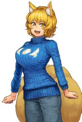 Rule 34 | 1girl, :d, adapted costume, animal ear fluff, animal ears, blonde hair, blue sweater, chanta (ayatakaoisii), denim, fox ears, fox tail, highres, jeans, long sleeves, looking at viewer, multiple tails, open mouth, pants, ribbed sweater, simple background, slit pupils, smile, solo, standing, sweater, tail, touhou, white background, yakumo ran, yellow eyes