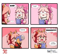 Rule 34 | 2girls, 4koma, animal ear fluff, animal ears, animal hands, bare shoulders, bell, blush stickers, bow, can, cat paws, collar, comic, detached sleeves, drink can, drinking, dual persona, fang, fangs, fate/grand order, fate (series), fox ears, fox girl, fox tail, glasses, highres, japanese clothes, jingle bell, keita naruzawa, kimono, koyanskaya (fate), mini person, minigirl, multiple girls, neck bell, open mouth, pink bow, pink hair, pink kimono, soda can, speech bubble, square 4koma, tail, tamamo (fate), tamamo cat (fate), white-framed eyewear, yellow eyes