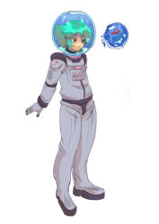 Rule 34 | 1boy, bad id, bad pixiv id, blue hair, boots, brown eyes, fish, full body, gloves, goldfish, helmet, kappa, male focus, science fiction, short hair, simple background, solo, spacesuit, water, white background