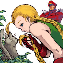 Rule 34 | 1boy, 1girl, blonde hair, blue eyes, cammy white, capcom, cat, gloves, image sample, lowres, m. bison, pixiv sample, simple background, street fighter, syetera, white background