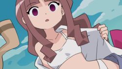 Rule 34 | 1girl, blue sky, breasts, brown hair, digimon, digimon ghost game, expressionless, female focus, hitsugi mc, hypnosis, long hair, mind control, open clothes, panties, pink eyes, sky, small breasts, solo, tsukiyono ruli, underwear, undressing, very long hair, white panties
