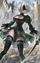 Rule 34 | 1girl, artist name, black dress, black footwear, blindfold, blurry, blurry background, boots, breasts, building, cleavage, clothing cutout, commentary request, dress, feather trim, floating, floating object, gloves, hair ornament, hairband, highres, holding, holding sword, holding weapon, lips, long sleeves, medium breasts, mole, mole under mouth, natsume k, nier:automata, nier (series), outdoors, parted lips, pod (nier:automata), puffy sleeves, shiny skin, shirt, short dress, short hair, signature, simple background, sword, thigh boots, thighhighs, thighs, turtleneck, weapon, white hair, 2b (nier:automata)