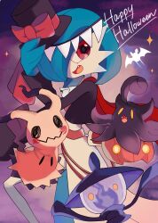Rule 34 | alternate color, bat (animal), black headwear, blue hair, bow, cloud, colored skin, commentary request, creatures (company), fang, fangs, fire, game freak, gardevoir, gen 3 pokemon, gen 5 pokemon, gen 6 pokemon, gen 7 pokemon, halloween, happy halloween, hat, highres, lampent, mimikyu, nintendo, open mouth, pokemon, pokemon (creature), pumpkaboo, purple fire, purple sky, red bow, red eyes, rongai28, shiny pokemon, sky, solid oval eyes, sparkle, tail, top hat, wavy mouth, white skin, yellow eyes