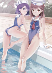 Rule 34 | 2girls, ass, barefoot, blue eyes, blue one-piece swimsuit, breasts, brown hair, casual one-piece swimsuit, dixie cup hat, hat, highleg, highleg swimsuit, highres, military hat, multiple girls, neckerchief, one-piece swimsuit, original, pool, poolside, purple hair, red eyes, red neckerchief, sailor collar, sailor hat, short hair, small breasts, soaking feet, swimsuit, user uvwh7272, white sailor collar, wrist cuffs