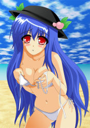 Rule 34 | 1girl, asu, bikini, bikini top only, blue hair, cloud, day, female focus, food, fruit, hat, hinanawi tenshi, holding, holding clothes, holding swimsuit, leaning forward, long hair, looking at viewer, navel, parted lips, peach, sky, solo, swimsuit, touhou, white bikini