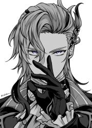 Rule 34 | 1boy, artist name, ascot, asymmetrical bangs, black gloves, blue eyes, commentary request, covering own mouth, frilled sleeves, frills, genshin impact, gloves, greyscale, hair between eyes, hair ornament, hand up, highres, long hair, long sleeves, looking at viewer, male focus, monochrome, multicolored hair, neuvillette (genshin impact), parted bangs, sekidesu, simple background, solo, spot color, streaked hair, twitter username, upper body, v-shaped eyebrows, white ascot, white background