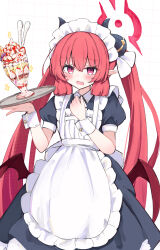 Rule 34 | 1girl, alternate costume, apron, black dress, blue archive, blush, dress, enmaided, fang, food, frilled apron, frills, hair between eyes, halo, highres, holding, holding tray, junko (blue archive), long hair, maid, maid apron, maid headdress, open mouth, parfait, pointy ears, red eyes, red hair, red halo, sateto (user knrf2332), skin fang, solo, tray, twintails, white apron, wrist cuffs