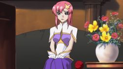 Rule 34 | 00s, 1girl, animated, animated gif, breasts, closed eyes, covered navel, flower, gloves, gundam, gundam seed, gundam seed destiny, hair ornament, highleg, highleg leotard, large breasts, leotard, long hair, lying, meer campbell, on side, pink hair, purple eyes, shiny clothes, sitting, skirt, solo, star (symbol), star hair ornament, vase