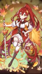 Rule 34 | 1girl, artist request, bare shoulders, boots, breasts, detached sleeves, dress, food fantasy, full body, green background, hand on own hip, highres, large breasts, leaf, long hair, maple leaf, maple syrup (food fantasy), ponytail, red hair, smile, thighhighs, white thighhighs, yellow eyes