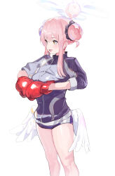 Rule 34 | absurdres, angel wings, blue archive, blue buruma, boxing gloves, buruma, double bun, feathered wings, frilled ribbon, frills, ggab0621, hair bun, hair ornament, halo, highres, jacket, low wings, mika (blue archive), official alternate costume, official alternate hairstyle, pink hair, pink halo, ribbon, simple background, thighs, track jacket, white wings, wing ornament, wings, yellow eyes