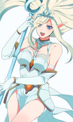 Rule 34 | 1girl, :d, bare shoulders, blonde hair, blue eyes, breasts, commentary, cowboy shot, dress, elbow gloves, gloves, highres, hiyari (hiyarilol), holding, holding staff, janna (league of legends), large breasts, league of legends, long hair, open mouth, pointy ears, simple background, smile, solo, staff, teeth, tiara, tongue, white background, white dress, white gloves