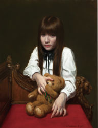 Rule 34 | 1girl, black bow, black bowtie, bow, bowtie, brown hair, chair, commentary request, facing viewer, hime cut, long hair, looking at viewer, mishima tetsuya, oil painting (medium), original, painting (medium), realistic, shirt, signature, simple background, solo, stuffed animal, stuffed toy, tagme, teddy bear, traditional media, upper body, white shirt