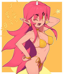 Rule 34 | 1girl, ;d, bikini, breasts, commentary request, covered erect nipples, earrings, fang, gold bikini, golden week, horns, jewelry, long hair, looking at viewer, medium breasts, metata, one eye closed, open mouth, original, pointy ears, red hair, side-tie bikini bottom, single horn, smile, solo, star (symbol), swimsuit, teeth, translation request, yellow background, yellow bikini