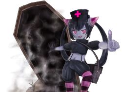 Rule 34 | 1girl, :d, bag, black hair, black hat, black shirt, black shorts, bmp-to-png conversion, brown bag, chrome (mon-musu quest!), coffin, colored skin, cowboy shot, crop top, cross, demon girl, dirt, fog, game cg, gloves, grey skin, hand on wall, hat, horizontal-striped thighhighs, horns, index finger raised, knee up, long hair, looking at viewer, midriff, mon-musu quest!, non-web source, nurse cap, open mouth, pink eyes, pink horns, pink thighhighs, puffy short sleeves, puffy sleeves, purple thighhighs, red cross, ringed eyes, rubber gloves, shirt, short sleeves, shorts, shoulder bag, simple background, smile, solo, spoilers, suspender shorts, suspenders, thighhighs, transparent background, twintails, un do, v-shaped eyebrows