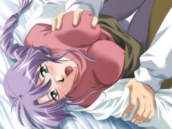 Rule 34 | blush, grabbing another&#039;s breast, breasts, clothes lift, covered erect nipples, embarrassed, glasses, grabbing, green eyes, groping, held down, kuga takako, lab coat, long hair, nurse, open mouth, pantyhose, purple hair, restrained, school nurse, skirt, skirt lift, virgin roster, yamane masahiro, zyx