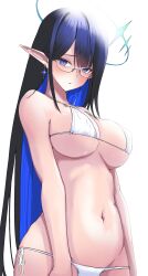Rule 34 | 1girl, absurdres, bare shoulders, bikini, black-framed eyewear, black hair, blue archive, blue eyes, blue hair, blush, breasts, closed mouth, collarbone, colored inner hair, covered erect nipples, cowboy shot, earrings, elf, glasses, groin, hair between eyes, halo, halterneck, highres, horns, jewelry, large breasts, long hair, looking at viewer, micro bikini, multicolored hair, navel, p.i.t.d, parted lips, pointy ears, rin (blue archive), semi-rimless eyewear, simple background, skindentation, solo, standing, stomach, string bikini, swimsuit, under-rim eyewear, underboob, very long hair, white background, white bikini