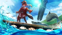 Rule 34 | 1girl, absurdres, armpits, bird, cloud, coat, commentary request, day, eyepatch, full body, hat, highres, hololive, houshou marine, namako (namacotan), ocean, open mouth, outdoors, pirate hat, red eyes, red hair, shark, sky, solo, standing, sun, telescope, thighhighs, virtual youtuber, water, watercraft