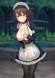 Rule 34 | 1girl, apron, bikini, bikini top only, black bikini, black pantyhose, blue dress, blush, breasts, brown hair, bush, clenched hands, clenched teeth, collarbone, dress, fountain, frilled dress, frills, hand up, jagaimo (kkamja), juliet sleeves, large breasts, long sleeves, looking at viewer, maid, maid apron, maid headdress, mia (jagaimo (kkamja)), night, original, outdoors, pantyhose, puffy sleeves, shiny skin, short hair, standing, string bikini, swimsuit, teeth, tree, underboob, water, white apron, yellow eyes