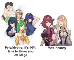 Rule 34 | 1boy, 6+girls, armor, bare shoulders, black gloves, blonde hair, blue eyes, blue hair, blush, boxer, breasts, byleth (female) (fire emblem), byleth (fire emblem), chest jewel, corrin (female) (fire emblem), corrin (fire emblem), dick flattening (meme), dress, dual persona, earrings, elbow gloves, english text, fingerless gloves, fire emblem, fire emblem: three houses, fire emblem awakening, fire emblem fates, gem, gloves, green eyes, green hair, hair between eyes, hair ornament, hairband, headpiece, hetero, jewelry, kid icarus, kid icarus uprising, large breasts, little mac, long hair, looking at viewer, lucina (fire emblem), matching hair/eyes, meme, multiple girls, mythra (xenoblade), necklace, nintendo, palutena, phrecklesart, pointy ears, punch-out!!, pyra (xenoblade), red eyes, red hair, red shorts, short dress, short hair, short shorts, shorts, silver hair, smash invitation, smile, super smash bros., swept bangs, tears, thighhighs, tiara, very long hair, white dress, white gloves, wings, xenoblade chronicles (series), xenoblade chronicles 2, yellow eyes