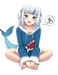 Rule 34 | 1girl, :d, absurdres, barefoot, blue hair, blue hoodie, blue nails, blunt bangs, breasts, collarbone, crossed legs, feet, fins, fish tail, full body, gawr gura, gawr gura (1st costume), grey hair, hair ornament, highres, hololive, hololive english, hood, hoodie, indian style, legs, looking at viewer, matmaj, multicolored hair, nail polish, open mouth, oversized clothes, shadow, shark girl, shark hair ornament, shark tail, sharp teeth, sidelocks, simple background, sitting, smile, solo, speech bubble, streaked hair, tail, teeth, toenail polish, toenails, toes, two side up, upper teeth only, virtual youtuber, white background, wide sleeves