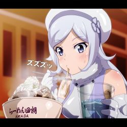 Rule 34 | 10s, 1girl, aila jyrkiainen, bare shoulders, beret, blue eyes, breasts, chopsticks, cup, drinking glass, eating, elbow gloves, food, fur trim, glass, gloves, gundam, gundam build fighters, hat, letterboxed, noodles, ramen, silver hair, solo, steam, sweat, tanashi (mk2), water, white gloves