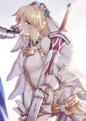 Rule 34 | 10s, 2girls, absurdres, artoria pendragon (all), artoria pendragon (fate), blue eyes, blush, bodysuit, braid, breasts, bridal veil, chain, clarent (fate), closed mouth, cosplay, cowboy shot, fate/extra, fate/extra ccc, fate/grand order, fate/stay night, fate (series), flower, gauntlets, gloves, hair flower, hair ornament, hand on another&#039;s chin, highres, holding, holding sword, holding weapon, lock, medium breasts, mordred (fate), mordred (fate/apocrypha), multiple girls, nero claudius (bride) (fate), nero claudius (fate), nero claudius (fate) (all), out of frame, padlock, ponytail, saber (fate), saber bride, saber bride (cosplay), sidelocks, solo focus, sword, veil, weapon, white flower, white gloves, yorukun, yuri