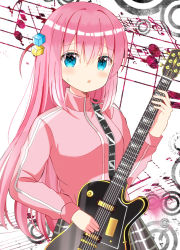 Rule 34 | 1girl, :o, absurdres, blue eyes, blush, bocchi the rock!, breasts, commentary request, cube hair ornament, electric guitar, gotoh hitori, grey skirt, guitar, hair between eyes, hair ornament, highres, holding, holding instrument, instrument, jacket, long hair, looking at viewer, medium breasts, one side up, parted lips, pink jacket, plaid, plaid skirt, ryoutan, skirt, solo, sweat, track jacket, very long hair, white background