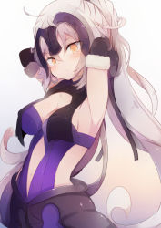 Rule 34 | 1girl, armpits, arms up, bare shoulders, beni shake, black gloves, blush, breasts, brown background, cleavage, closed mouth, collarbone, commentary request, elbow gloves, fate/grand order, fate (series), fur-trimmed gloves, fur trim, gloves, gradient background, hair between eyes, head tilt, headpiece, high ponytail, jeanne d&#039;arc (fate), jeanne d&#039;arc alter (avenger) (fate), jeanne d&#039;arc alter (avenger) (third ascension) (fate), jeanne d&#039;arc alter (fate), leotard, long hair, looking at viewer, medium breasts, orange eyes, ponytail, purple leotard, revision, silver hair, solo, very long hair, white background
