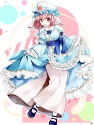Rule 34 | 1girl, blue dress, blush, clothes lift, dress, dress lift, frills, full body, hat, layered dress, long sleeves, mary janes, mob cap, nagare, obi, open mouth, pink hair, puffy sleeves, red eyes, ribbon, saigyouji yuyuko, sash, shoes, short hair, smile, solo, standing, standing on one leg, touhou, triangular headpiece, veil, white legwear, wide sleeves