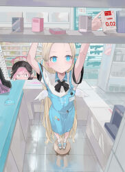 Rule 34 | &lt;|&gt; &lt;|&gt;, 2girls, angel wings, apron, beret, black bow, black bowtie, black wings, blonde hair, blue apron, blue archive, blue eyes, blush, bow, bowtie, cellphone, chibi, collared shirt, commentary, condom box, convenience store, counter, crossed bangs, dema hmw, embarrassed, flip phone, forehead, foreshortening, full body, gun, halo, hat, head wings, highres, id card, koharu (blue archive), long hair, low wings, mini wings, mouth out of frame, multiple girls, parted bangs, phone, pink hair, pointing, reaching, reflective floor, shirt, shoes, shop, short sleeves, slit pupils, sneakers, sora (blue archive), standing on object, stool, strap slip, striped bow, striped bowtie, striped clothes, tile floor, tiles, two side up, very long hair, weapon, white shirt, wings