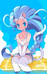 Rule 34 | 1girl, animal ears, blue eyes, blue hair, blue sky, blush, body fur, braid, breasts, cat ears, cat girl, cat tail, cloud, crop top, felicia (vampire), highres, long hair, looking at viewer, micro shorts, outdoors, shisui, shorts, sitting, sky, small breasts, smile, soaking feet, solo, strap slip, tail, vampire (game), very long hair, water, white fur