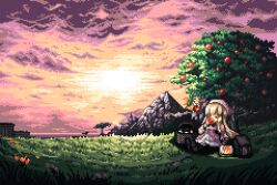 2girls apple_tree basket blonde_hair cloud cloudy_sky dress eating fairy food fruit grass highres holding holding_food holding_fruit landscape lantern long_hair mini_person minigirl multiple_girls original picnic_basket pixel_art pochi_(psxa3754) purple_sky scenery sitting sky sunset tree