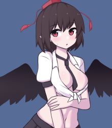 Rule 34 | 1girl, :o, arm under breasts, bird wings, black hair, black wings, blue background, blush, breasts, cleavage, commentary request, embarrassed, feathered wings, front-tie top, hat, highres, leaning forward, medium breasts, midriff, navel, no bra, nuclear cake, pleated skirt, puffy short sleeves, puffy sleeves, red eyes, shameimaru aya, shirt, short sleeves, simple background, skirt, stomach, sweatdrop, tassel, tengu, tied shirt, tokin hat, touhou, white shirt, wings